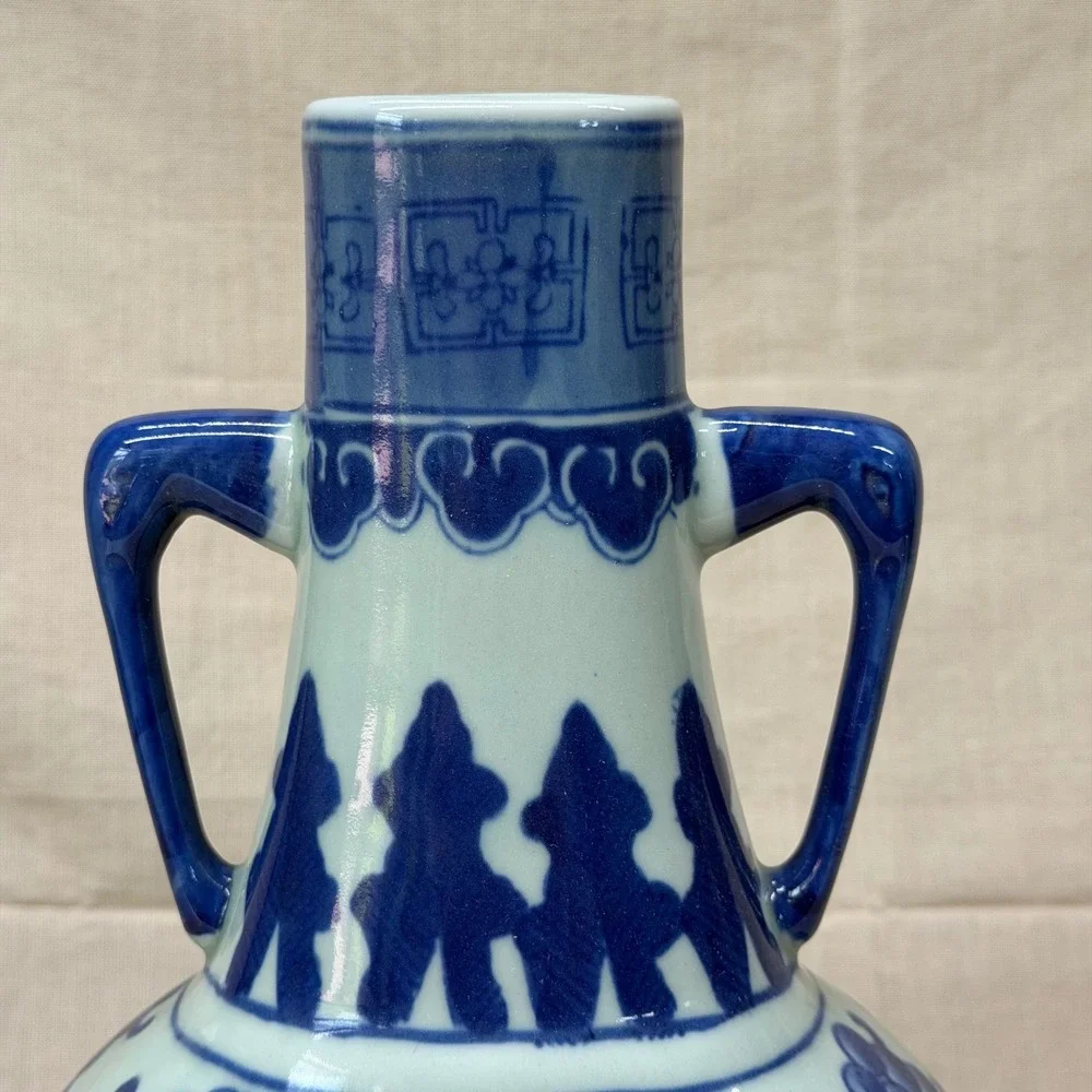 Vintage Blue and White Porcelain Bird Vase with Handles Chinoiserie 12 Inch